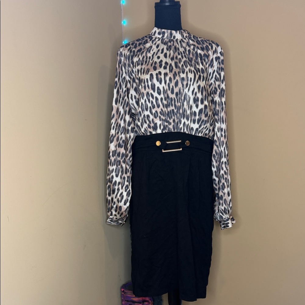 VENUS Animal Print Long Sleeve Dress with Black Skirt